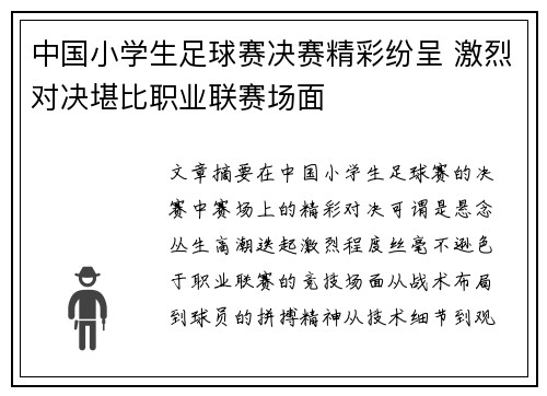 中国小学生足球赛决赛精彩纷呈 激烈对决堪比职业联赛场面