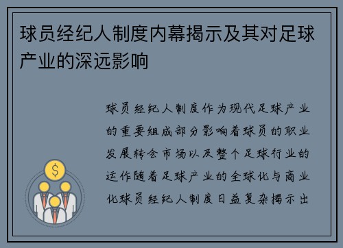 球员经纪人制度内幕揭示及其对足球产业的深远影响
