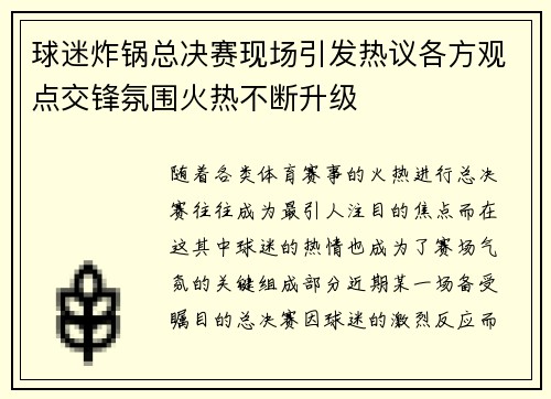 球迷炸锅总决赛现场引发热议各方观点交锋氛围火热不断升级