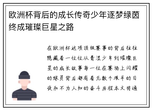 欧洲杯背后的成长传奇少年逐梦绿茵终成璀璨巨星之路