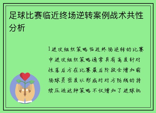 足球比赛临近终场逆转案例战术共性分析