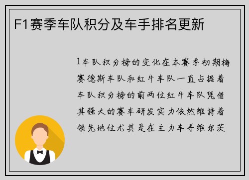 F1赛季车队积分及车手排名更新
