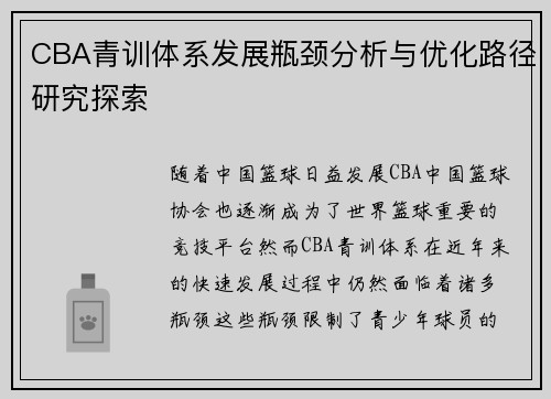 CBA青训体系发展瓶颈分析与优化路径研究探索